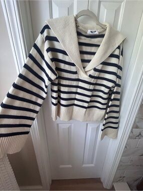 DOUBLE ZERO Navy Striped Sailor Collar Sweater